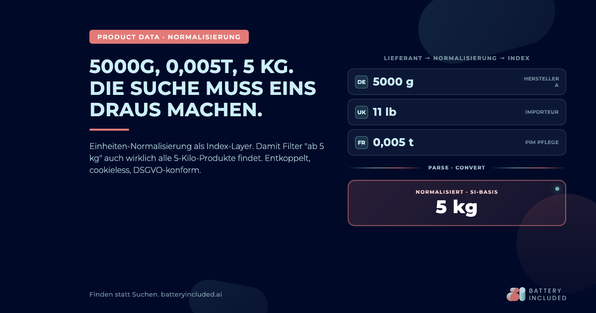 Drei Lieferanten-Strings 5000 g, 11 lb und 0,005 t werden zu einem normalisierten Wert 5 kg im Such-Index