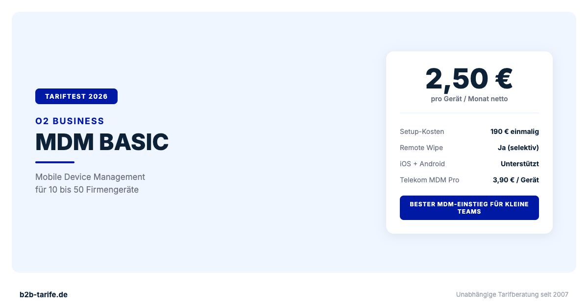 O2 MDM Basic Tariftest 2026: Mobile Device Management ab 2,50 Euro pro Gerät für kleine Teams
