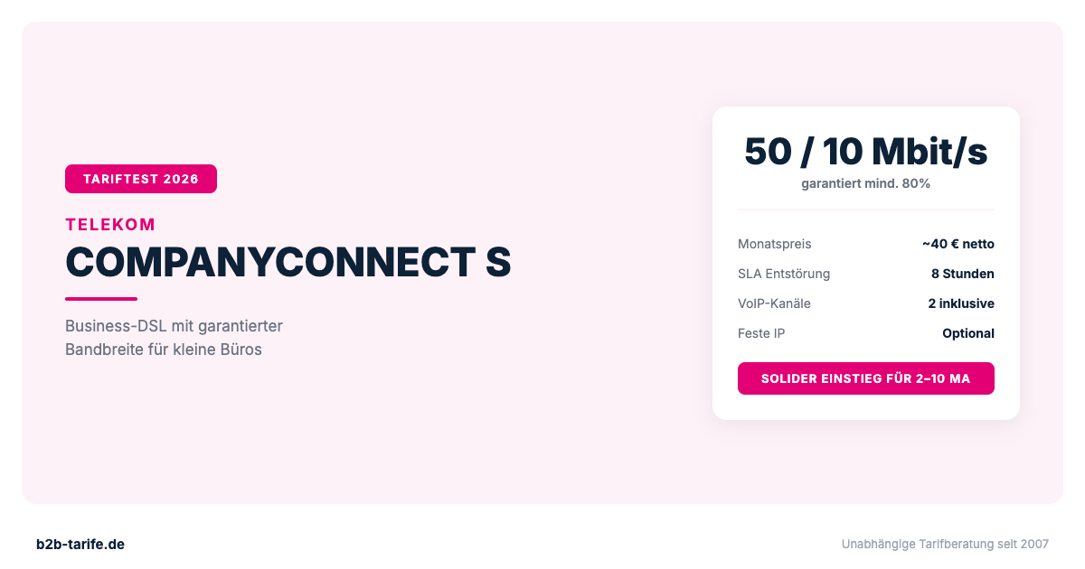 Telekom CompanyConnect S im Test 2026: Business-DSL mit 50/10 Mbit/s und garantierter Bandbreite