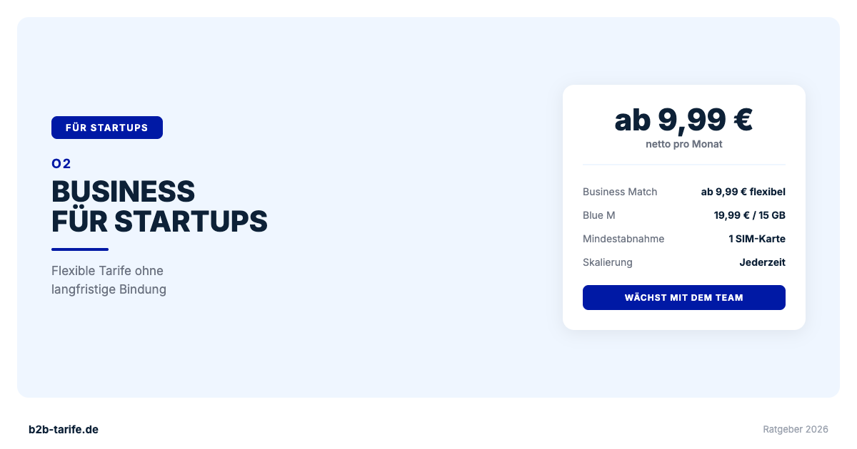 O2 Business fuer Startups 2026: Flexible Tarife ab 9,99 Euro ohne langfristige Bindung